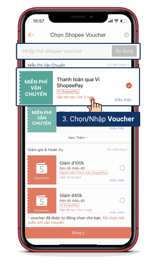 Chọn/nhập mã giảm giá Shopee.