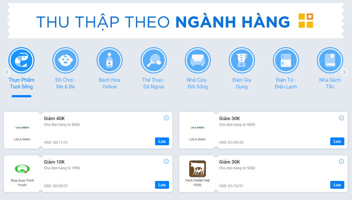 Mã giảm giá Tiki theo ngành hàng.