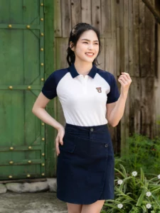 Áo Polo Yody Nữ Cafe Phối Tay Raglan Ngực In Gấu